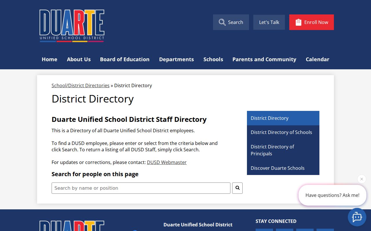 Duarte people directories DUSD staff directory search