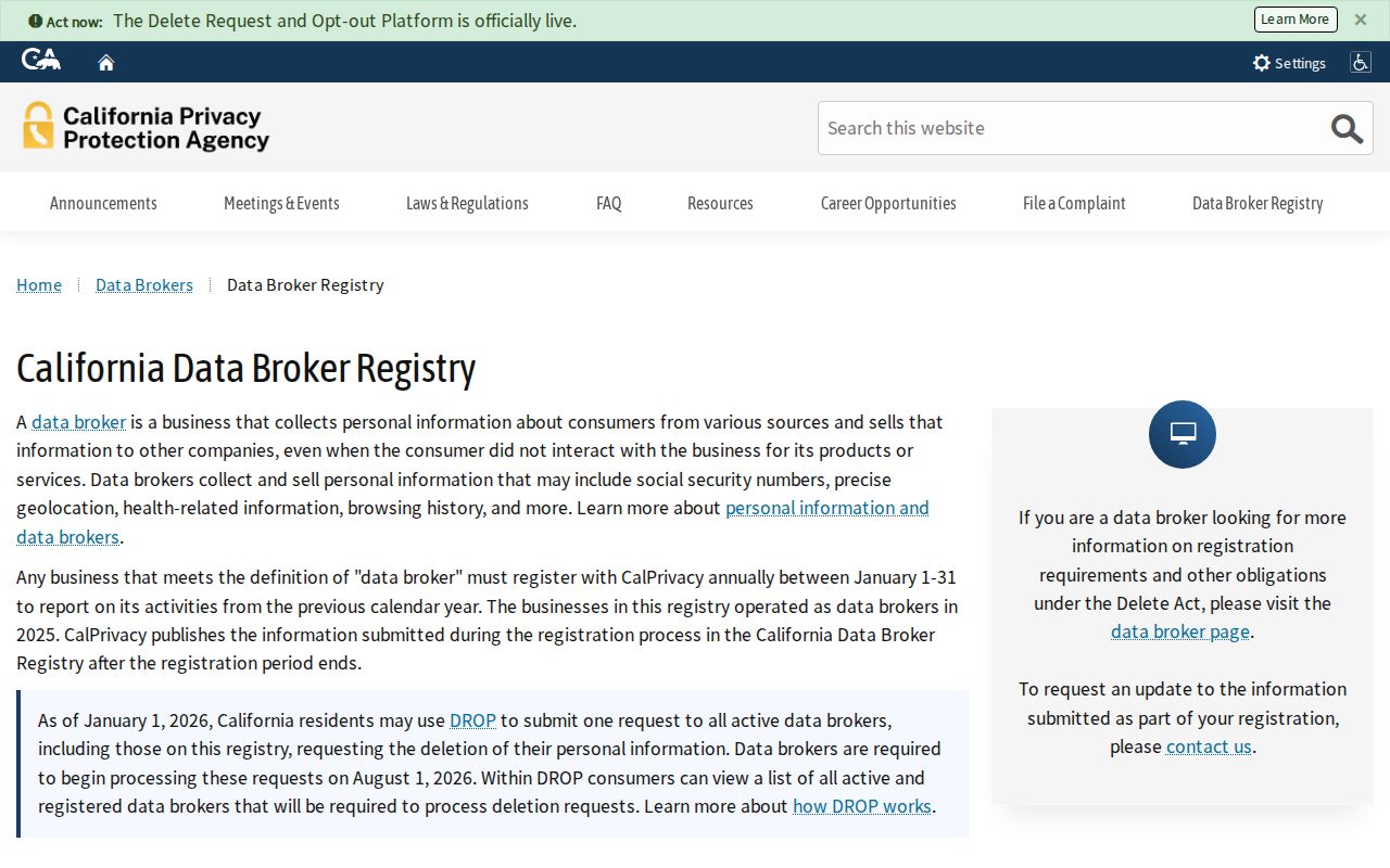 Duarte public records California data broker deletion registry