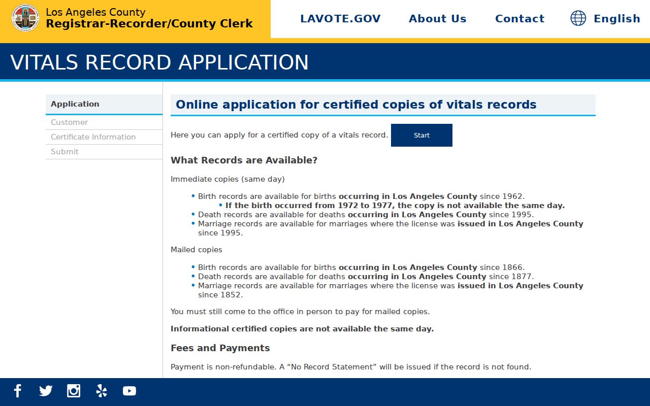 Duarte public records vital record application page